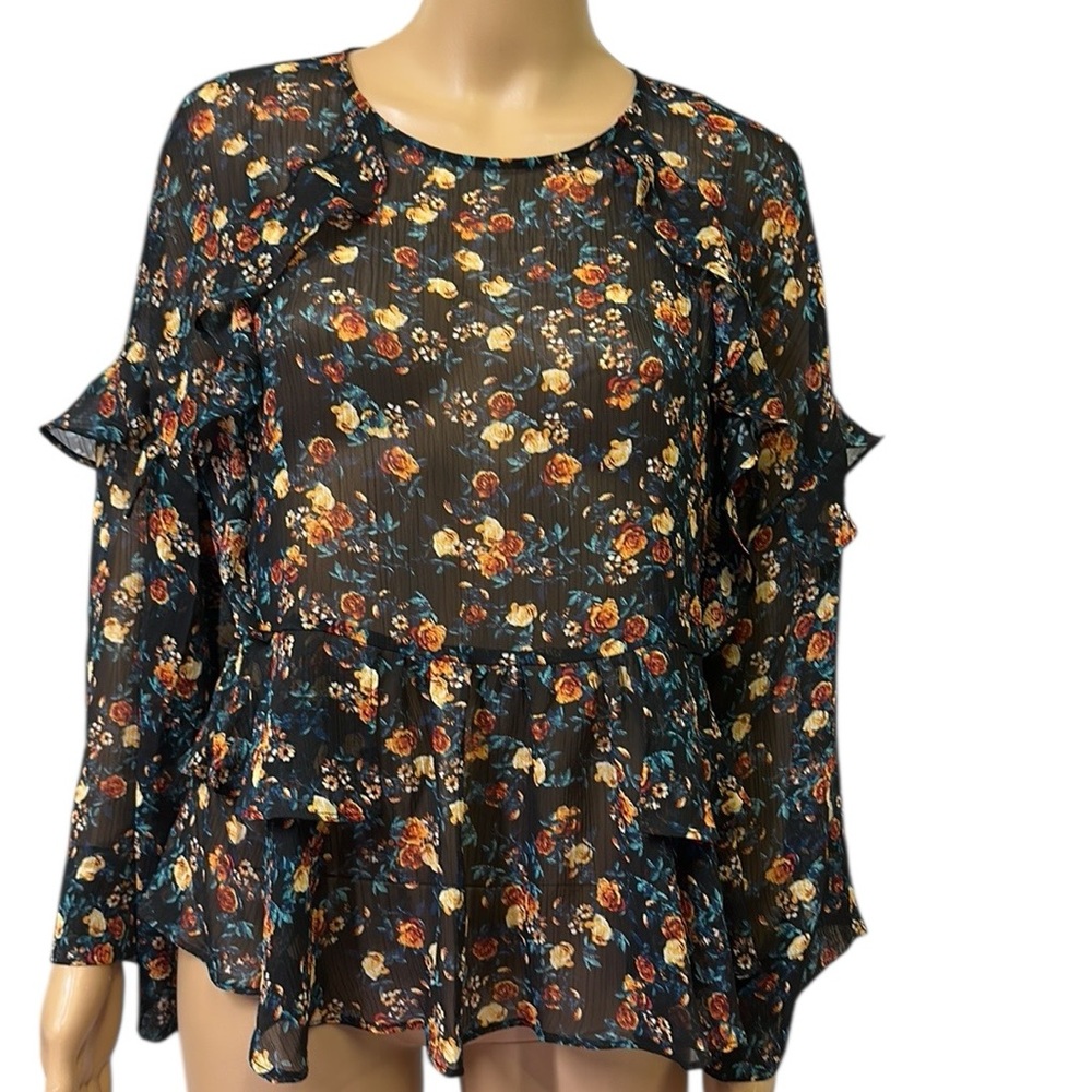 Ana A New Approach Black Floral Tiered Ruffle Keyhole Back Blouse Womens Small